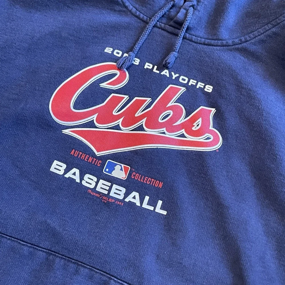 Vintage Chicago Cubs 2003 Playoff Hoodie Sweatshirt Majestic MLB Blue Men XL - Picture 1 of 7